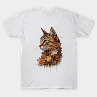 Orange Cat Fall Leaves Illustration T-Shirt